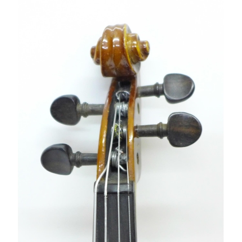 806 - A Golden Strad ¼ size violin and bow, cased, length of back without button 26.25cm