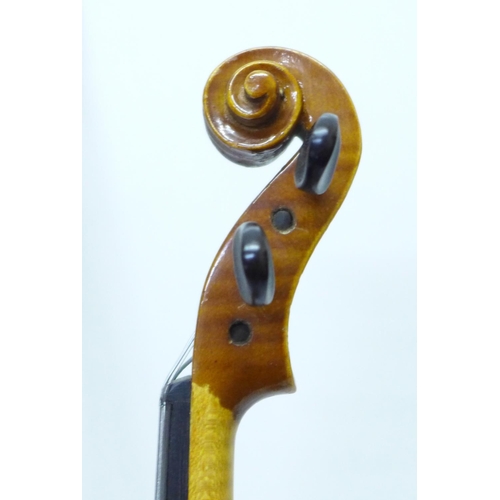 806 - A Golden Strad ¼ size violin and bow, cased, length of back without button 26.25cm