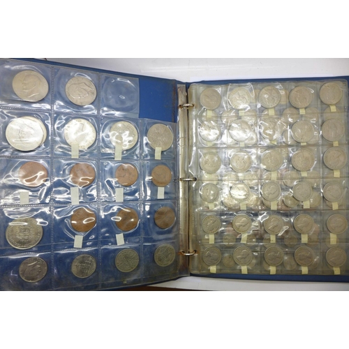 816 - Two folders of coins and a bag of loose coins, includes 1893 shilling and pre-1947 two shillings, 78... 