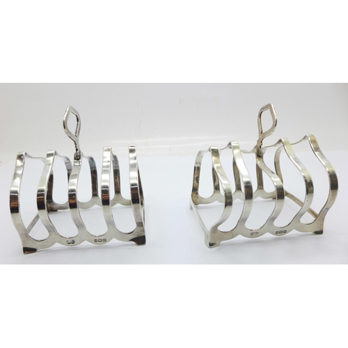 825 - Two silver toast racks, Birmingham 1937 and 1938, 124g