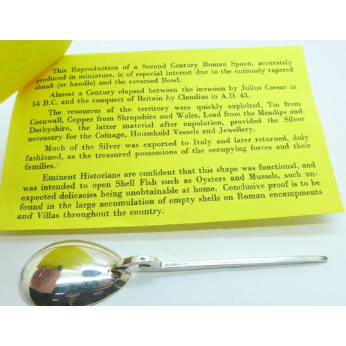 844 - A silver spoon, reproduction of an original Roman spoon, with certificate, hallmarked Francis Howard... 