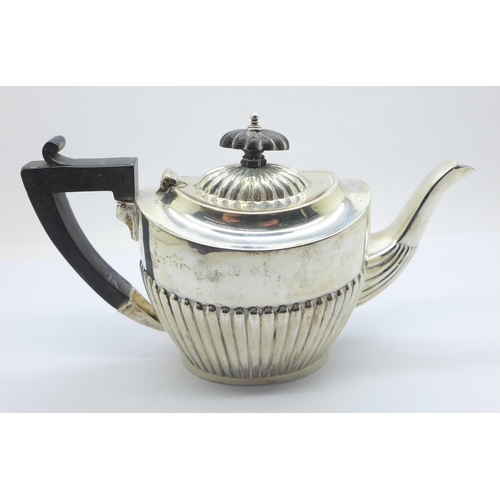 846 - A silver teapot, finial a/f, hallmarks rubbed, 244g