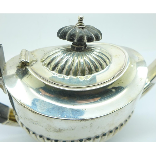 846 - A silver teapot, finial a/f, hallmarks rubbed, 244g