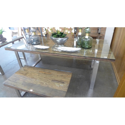 1376 - A 220cm railway sleeper dining table with glass top