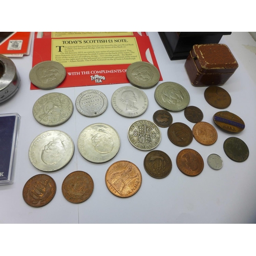 897 - A L.N.E.R. Railway Service badge, 29732, commemorative crowns, other coins, a voltmeter, etc.