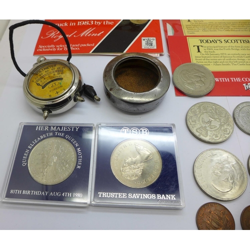 897 - A L.N.E.R. Railway Service badge, 29732, commemorative crowns, other coins, a voltmeter, etc.