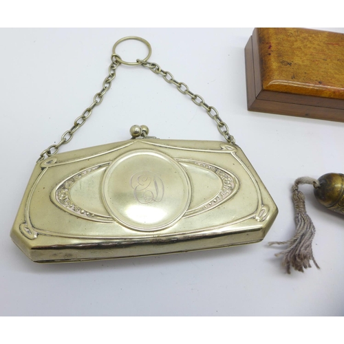 910 - An Art Nouveau plated purse, opera glasses, a treen stamp box, etc.