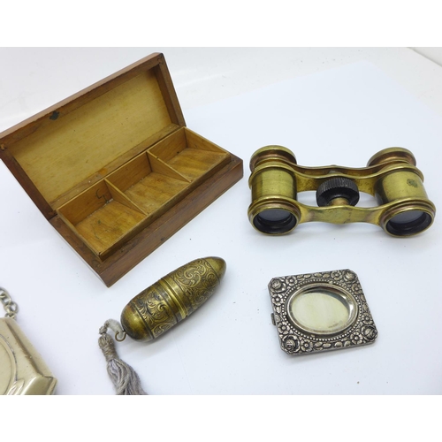 910 - An Art Nouveau plated purse, opera glasses, a treen stamp box, etc.