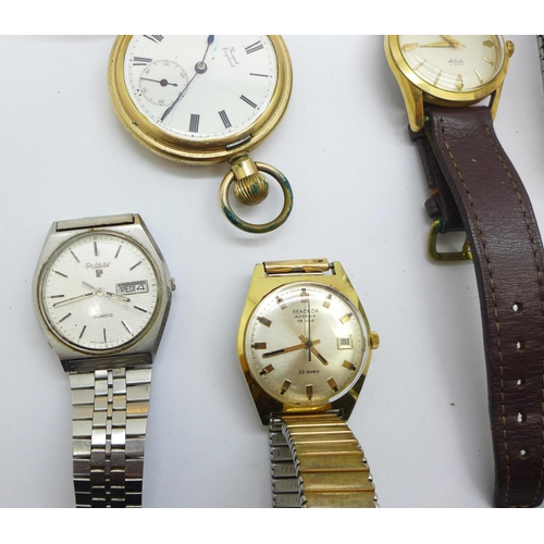 920 - A Nivada Aquamatic wristwatch, five other wristwatches and a gold filled full hunter pocket watch