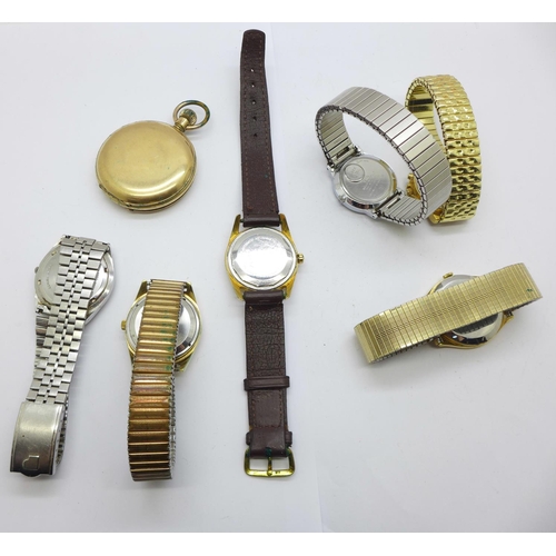 920 - A Nivada Aquamatic wristwatch, five other wristwatches and a gold filled full hunter pocket watch