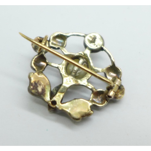 950 - An Edwardian white metal old cut diamond and natural pearl set brooch (tests as high carat white gol... 