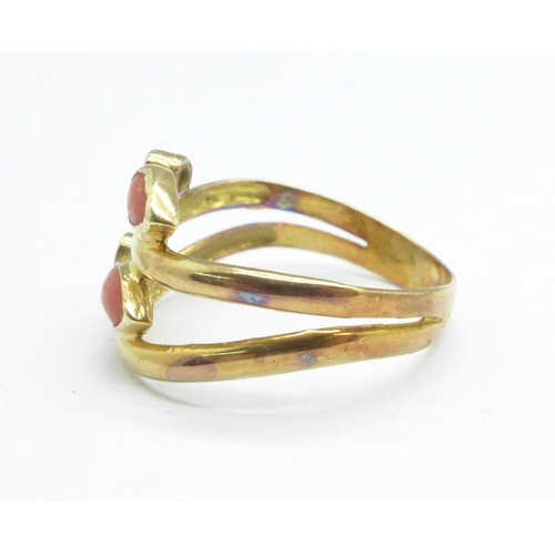 952 - A yellow metal, coral and white stone ring, tests as 9ct gold, 3.0g, P