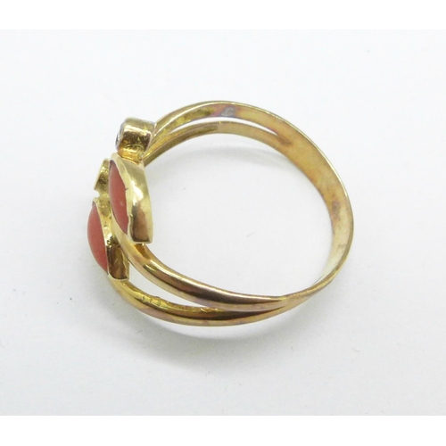 952 - A yellow metal, coral and white stone ring, tests as 9ct gold, 3.0g, P