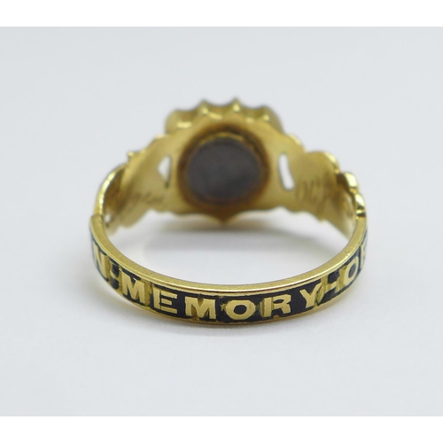 965 - An 18ct gold and seed pearl mourning ring, bears inscription, 3.8g, L/M