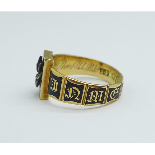 966 - An 18ct gold mourning ring, bears inscription, 4.0g, K