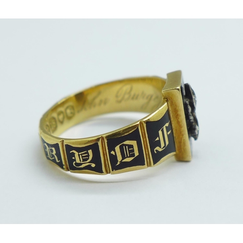 966 - An 18ct gold mourning ring, bears inscription, 4.0g, K