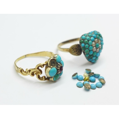 969 - Two yellow metal and turquoise stone set rings, total weight 5.2g, a/f