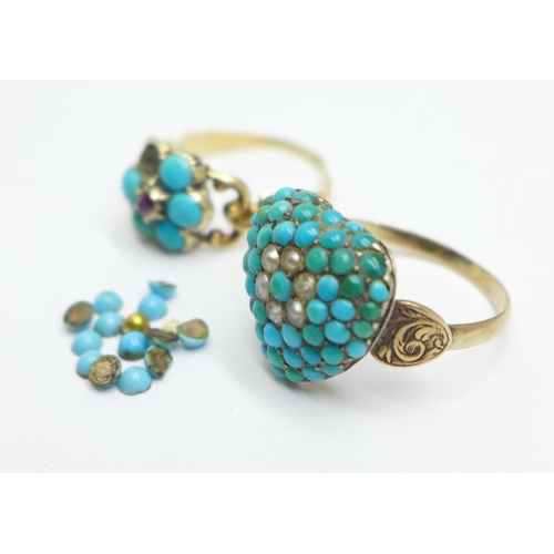 969 - Two yellow metal and turquoise stone set rings, total weight 5.2g, a/f