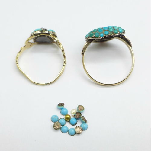 969 - Two yellow metal and turquoise stone set rings, total weight 5.2g, a/f