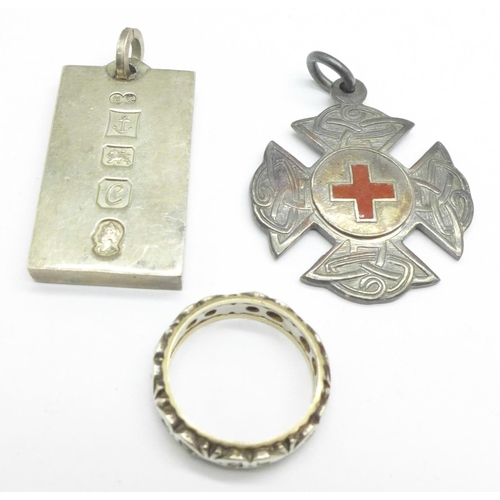 974 - A silver ingot, silver fob and an eternity ring (tests as silver and gold), 47.4g