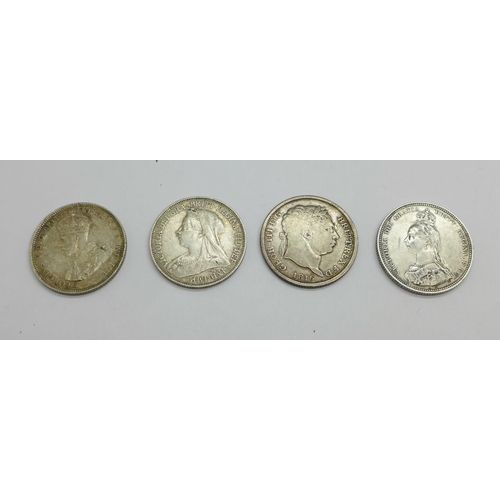 988 - Four silver shillings, 1816, 1891, 1887 and 1912