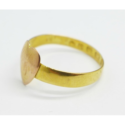 994 - A Victorian 22ct gold ring with later applied heart shaped yellow metal plaque, 1.7g, N