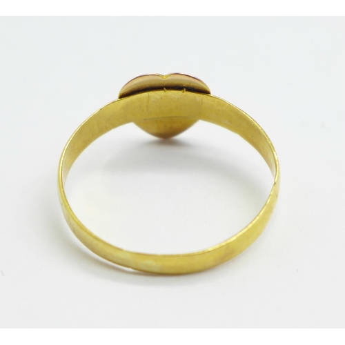 994 - A Victorian 22ct gold ring with later applied heart shaped yellow metal plaque, 1.7g, N