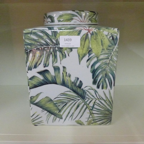 1454 - A 24cm square ceramic tropical leaf jar and cover (BP28717)   #