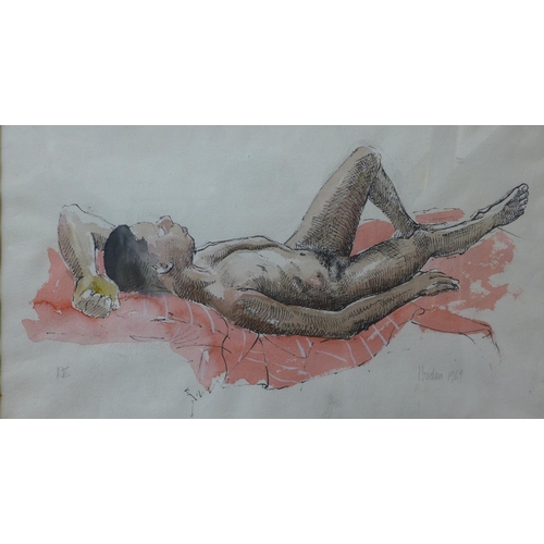 11 - * Ibudan, portrait of a reclining male nude, pen, ink and watercolour, dated '69, 24 x 43cms, framed