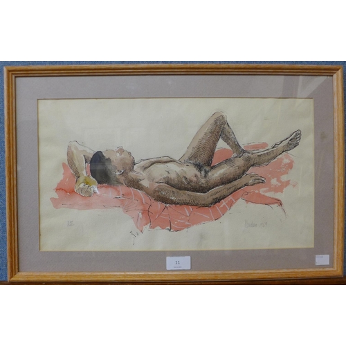 11 - * Ibudan, portrait of a reclining male nude, pen, ink and watercolour, dated '69, 24 x 43cms, framed