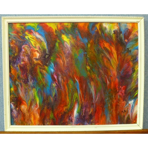 17 - M.B., Cascade of Colour, mixed media on board, 40 x 50cms, framed