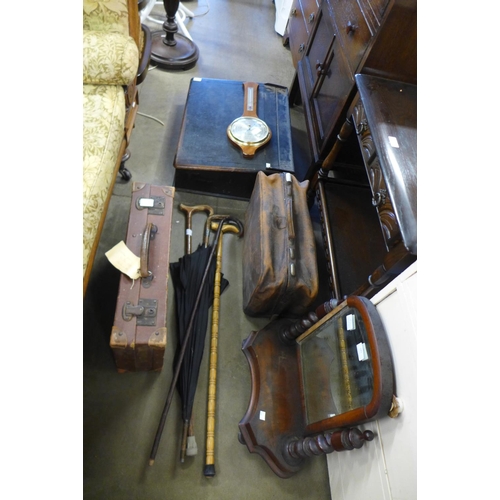 249 - A Victorian pine writing slope, two suitcases, toilet mirror, etc.