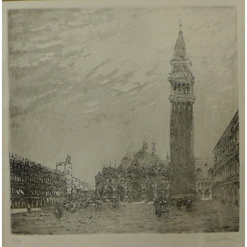 27 - An indistinctly signed limited edition aquatint etching, St. Marks Square, Venice, no. 3/43, 21 x 21... 