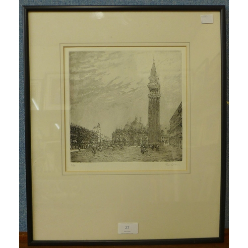 27 - An indistinctly signed limited edition aquatint etching, St. Marks Square, Venice, no. 3/43, 21 x 21... 