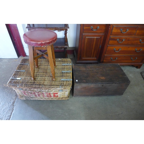 293 - A Victorian pine trunk, a wicker basket and a stool