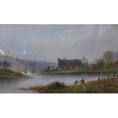 30 - English School, river landscape with fishermen, watercolour, indistinctly signed, 27 x 47cms, framed