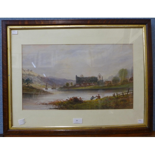 30 - English School, river landscape with fishermen, watercolour, indistinctly signed, 27 x 47cms, framed