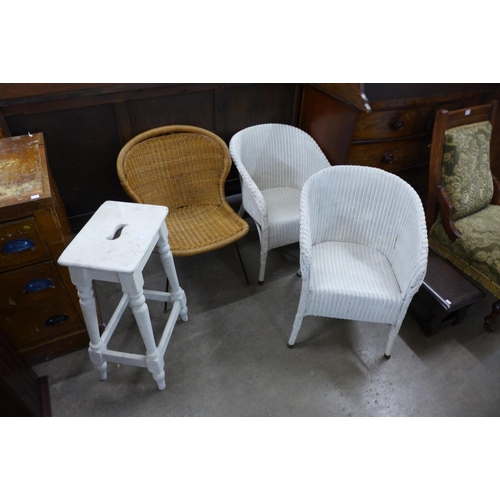 304 - Three wicker chairs and a painted stool