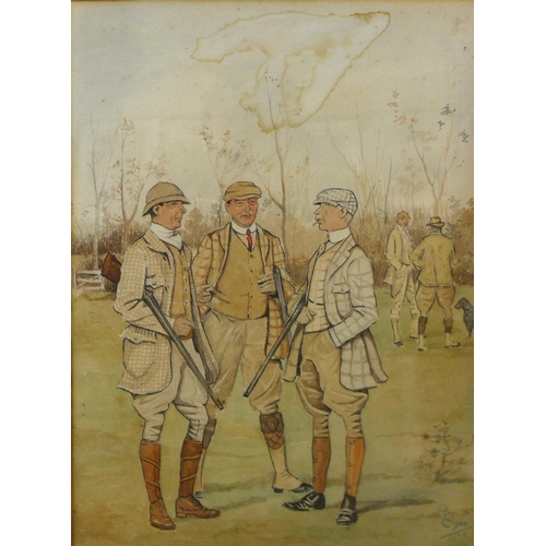 31 - English School, The Shooting Party, watercolour, indistinctly signed and dated 1900, 34 x 25cm, fram... 