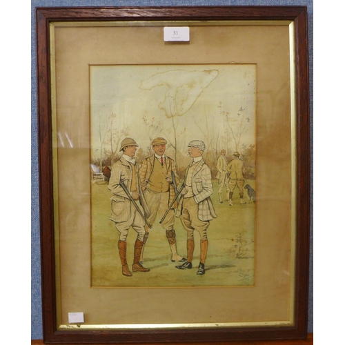 31 - English School, The Shooting Party, watercolour, indistinctly signed and dated 1900, 34 x 25cm, fram... 