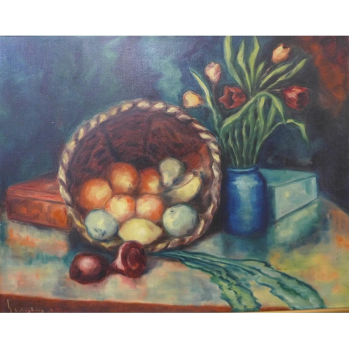 33 - Continental School, still life of fruit and flowers, oil on canvas, indistinctly signed and dated '3... 