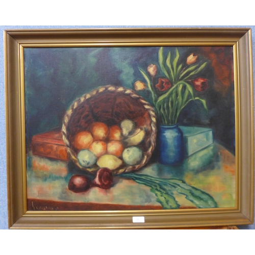 33 - Continental School, still life of fruit and flowers, oil on canvas, indistinctly signed and dated '3... 