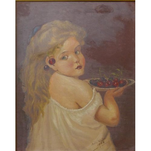 34a - Amie White, portrait of a girl with cherries, oil on canvas, dated 1909, 50 x 40cms, framed