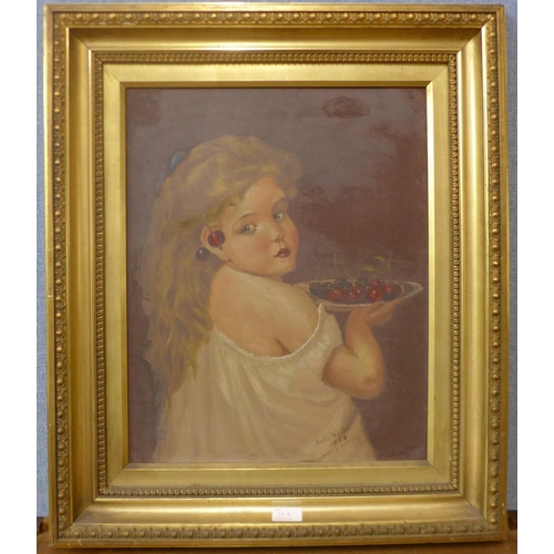 34a - Amie White, portrait of a girl with cherries, oil on canvas, dated 1909, 50 x 40cms, framed