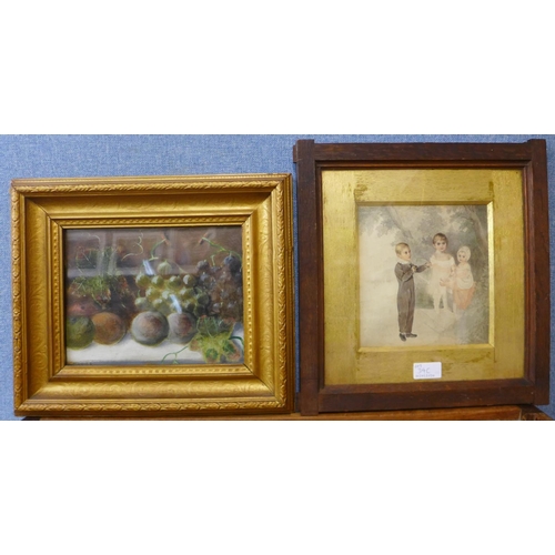 34c - English School, naive portrait of three children, watercolour, 19 x 18cms and a still life of fruit,... 