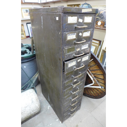 361 - A green metal industrial eleven drawer index cabinet