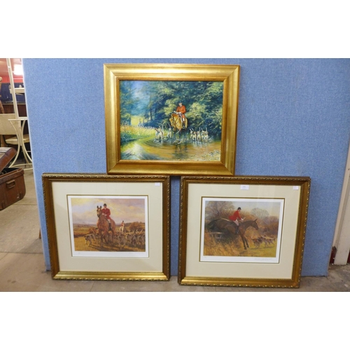 375 - A pair of signed Frederick Haycock fox hunting prints and a fox hunting oil, framed