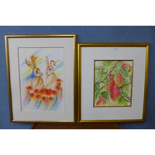 376 - Barbara Smith, rabbits with poppies and study of pears, watercolour, framed