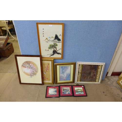 380 - Assorted silk paintings, embroideries and prints