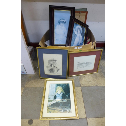 382 - Assorted prints and paintings, including Cries of London prints and frames, etc.